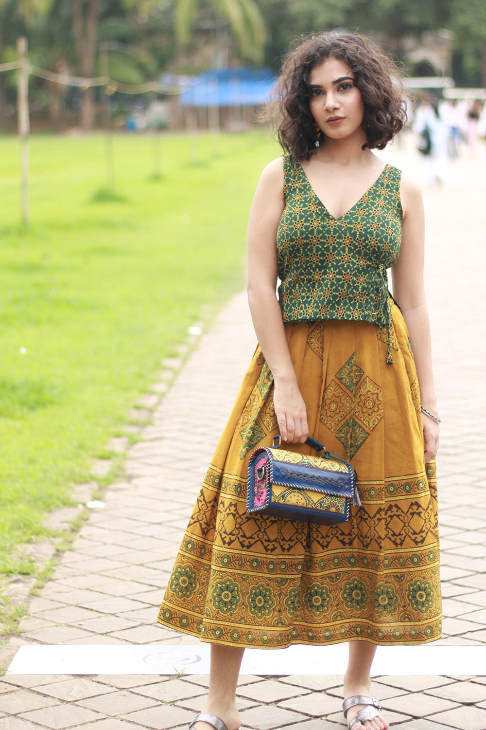 Myra | Box Pleated Midi Skirt | Mustard Ajrakh
