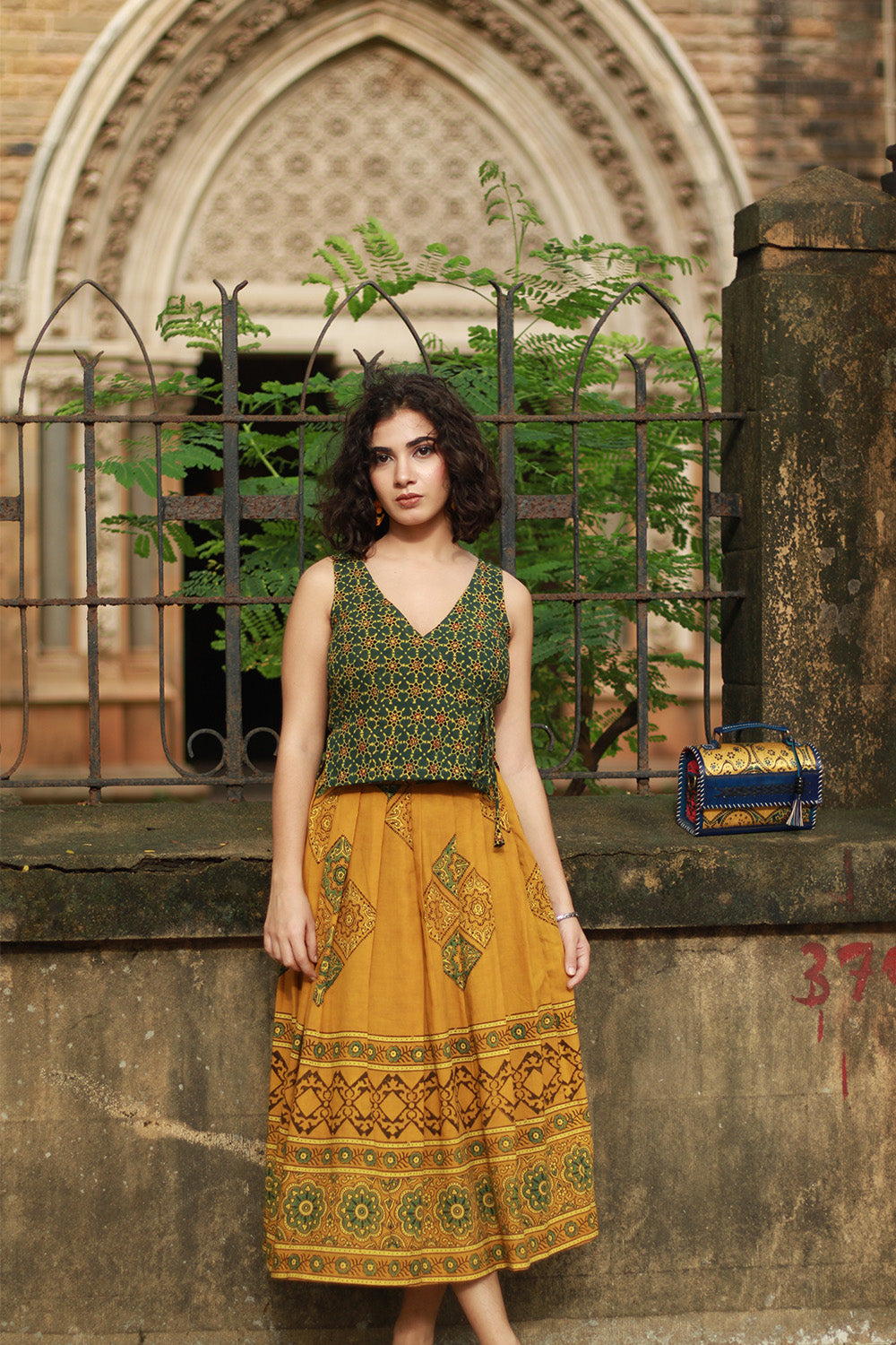 Myra | Box Pleated Midi Skirt | Mustard Ajrakh