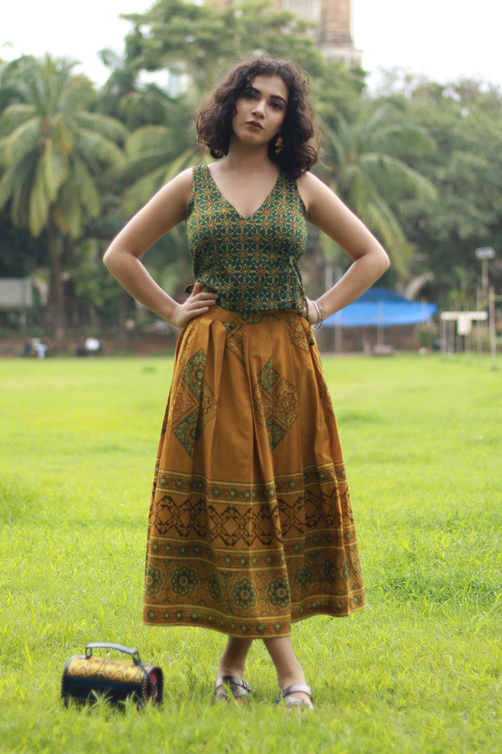 Myra | Box Pleated Midi Skirt | Mustard Ajrakh