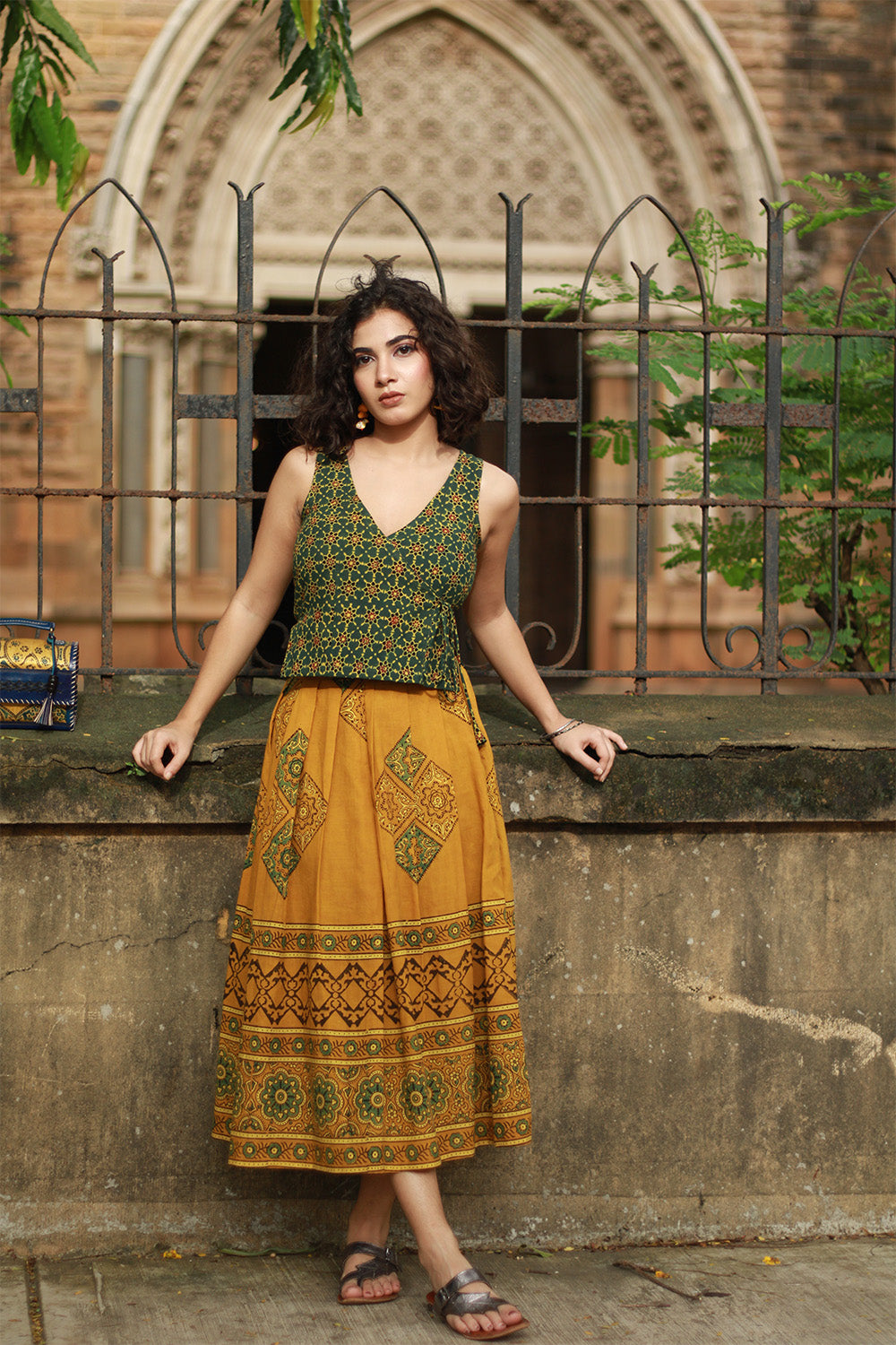 Myra | Box Pleated Midi Skirt | Mustard Ajrakh