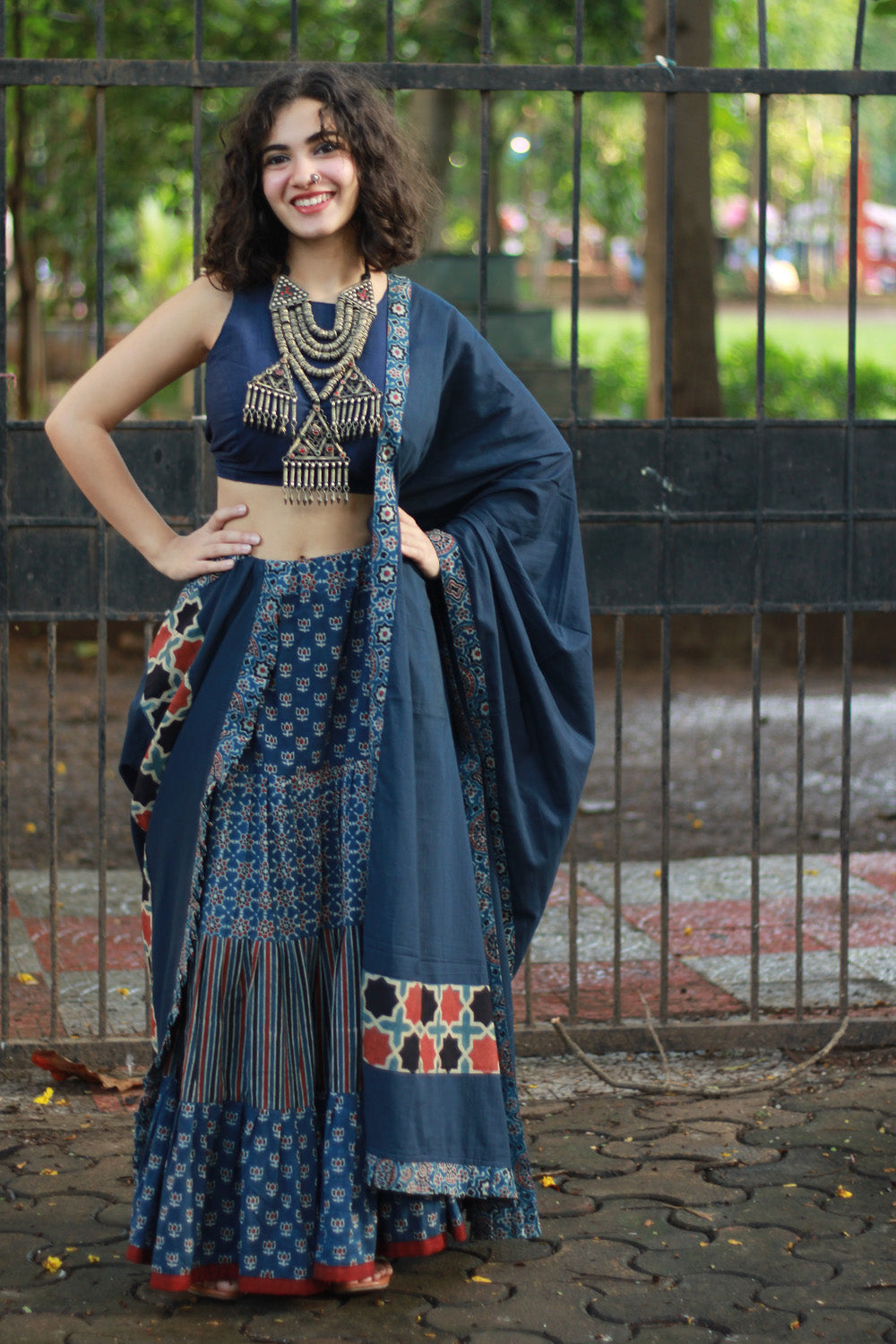 Ghumar | Tiered Long Skirt | Blue Ajrakh Medley