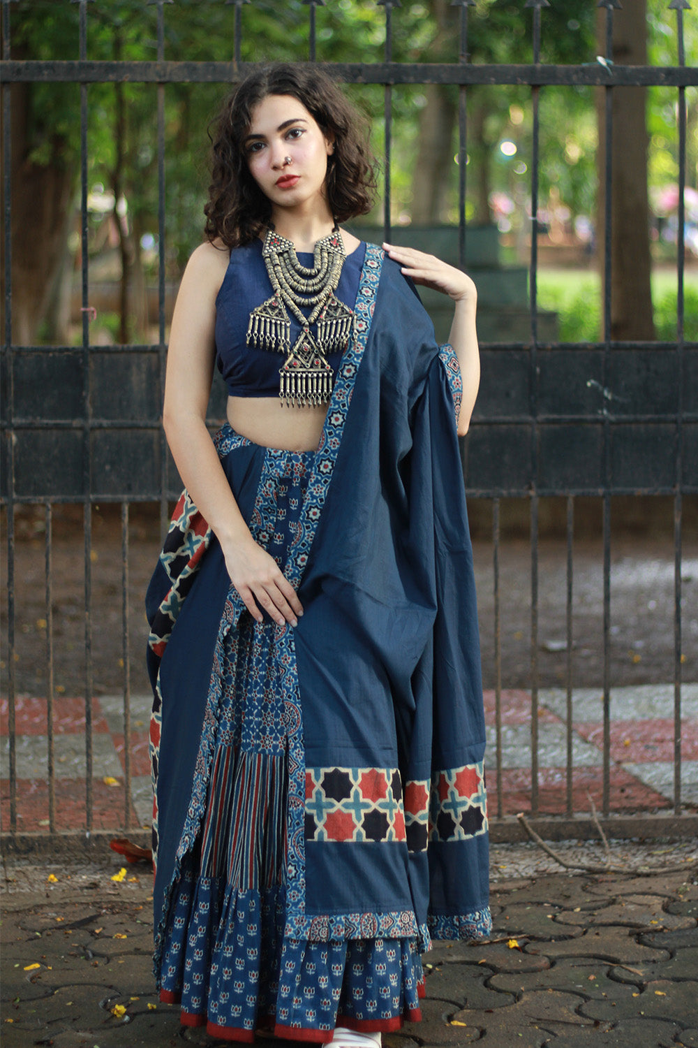 Ghumar | Tiered Long Skirt | Blue Ajrakh Medley