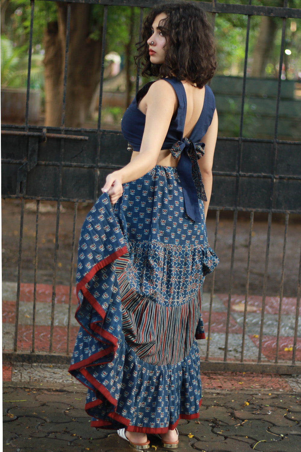 Ghumar | Tiered Long Skirt | Blue Ajrakh Medley
