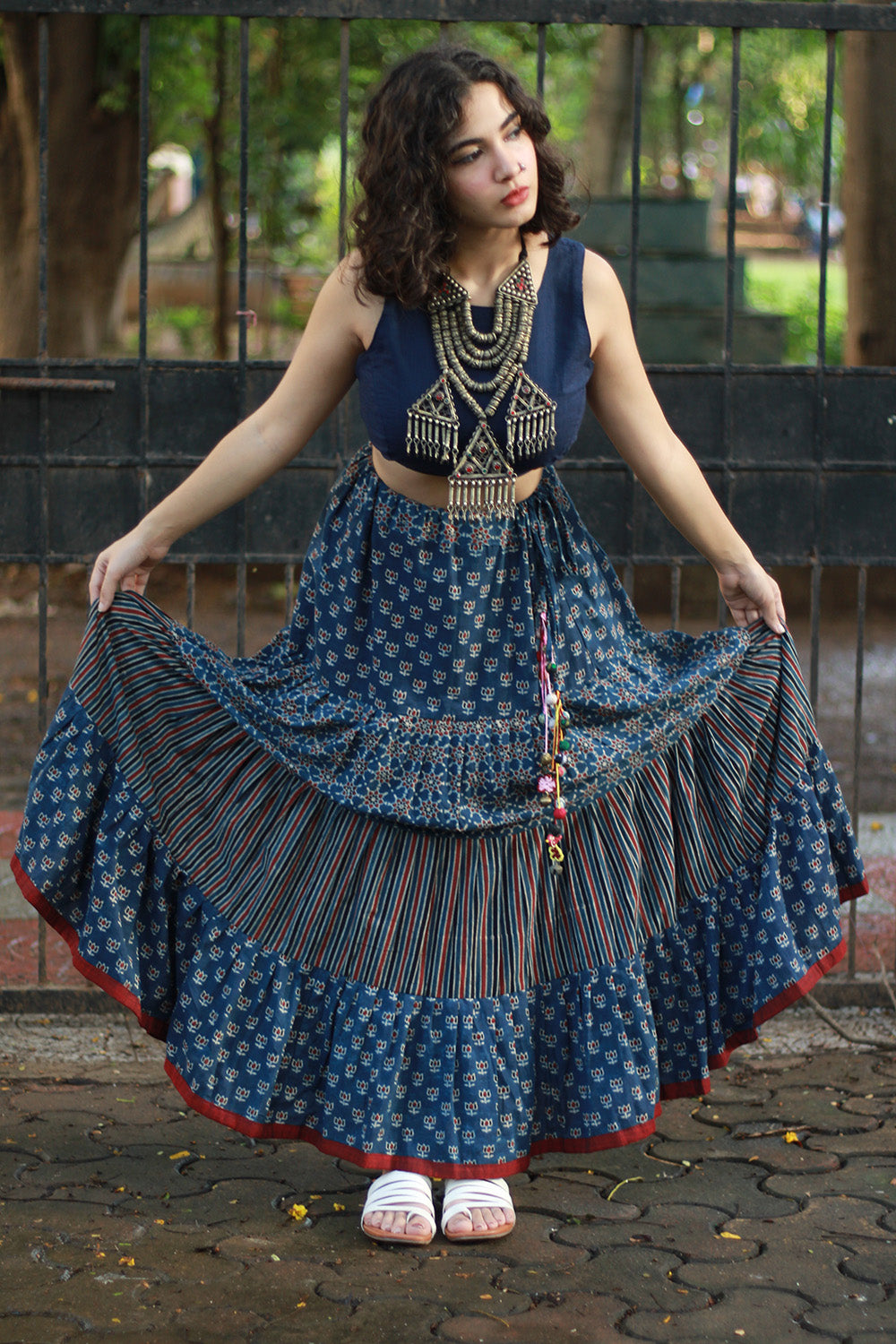 Ghumar | Tiered Long Skirt | Blue Ajrakh Medley