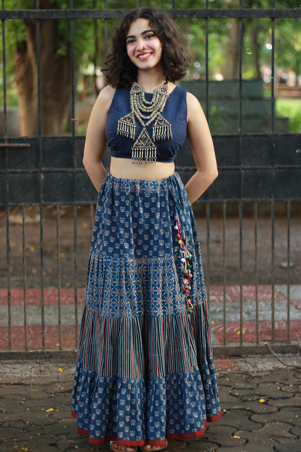 Ghumar | Tiered Long Skirt | Blue Ajrakh Medley