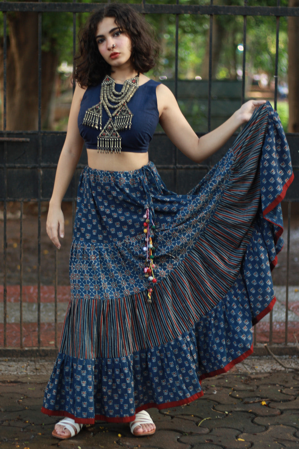 Ghumar | Tiered Long Skirt | Blue Ajrakh Medley