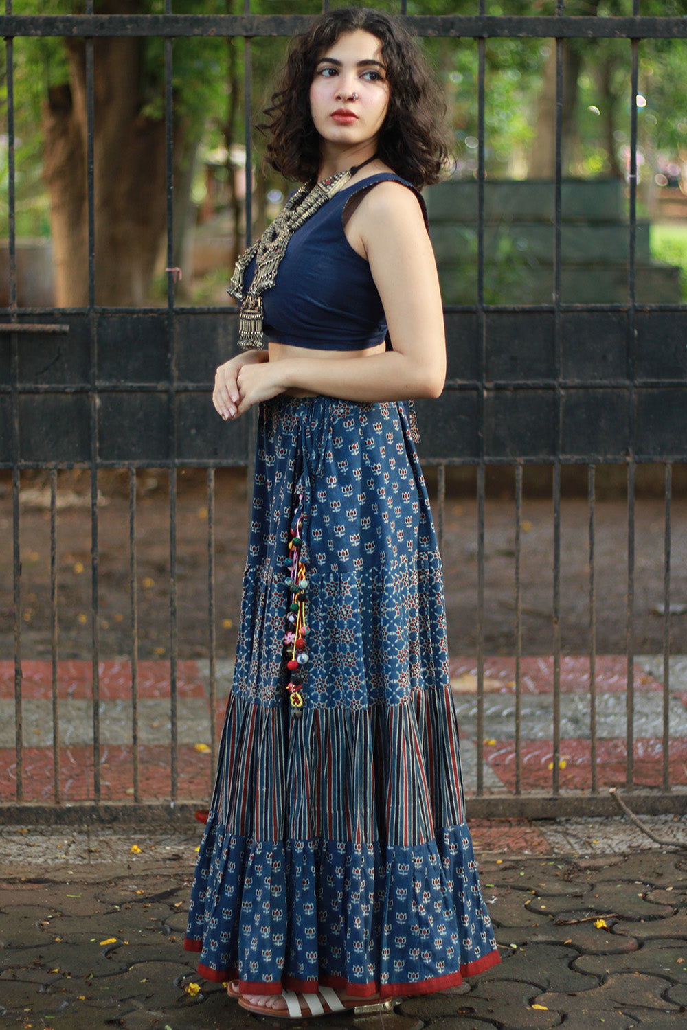Ghumar | Tiered Long Skirt | Blue Ajrakh Medley