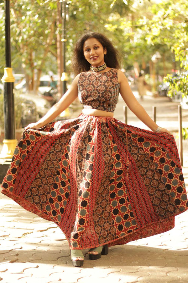 Viharini Kali Skirt- Black Red Ajrakh Medley