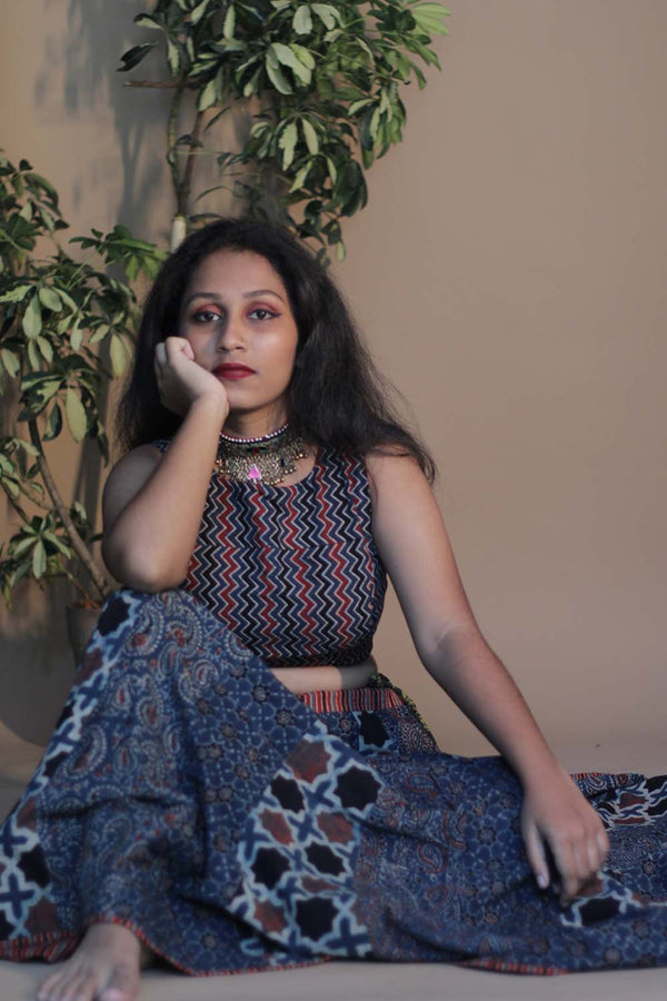 Viharini Kali Skirt- Indigo Ajrakh Medley