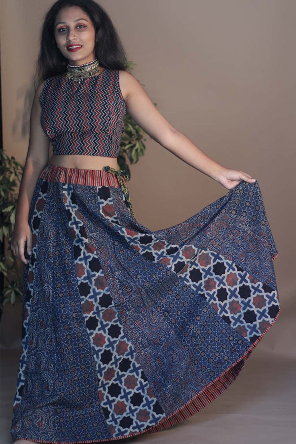 Viharini Kali Skirt- Indigo Ajrakh Medley