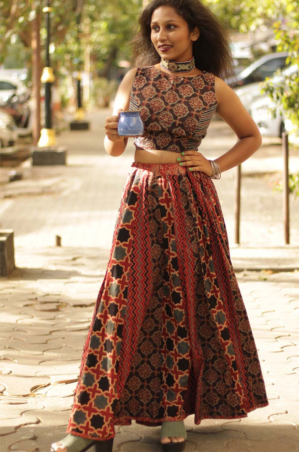 Viharini Kali Skirt- Black Red Ajrakh Medley