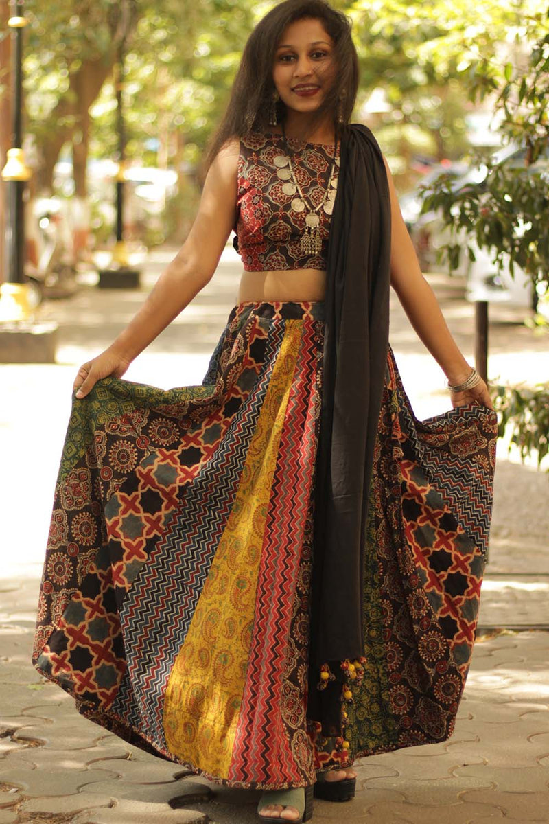 Viharini Kali Skirt- Ajrakh Medley