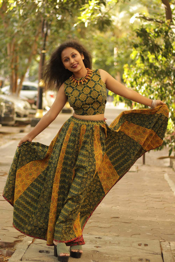 Viharini Kali Skirt- Green Mustard Ajrakh Medley