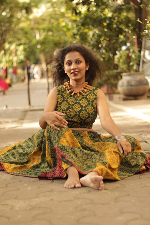 Viharini Kali Skirt- Green Mustard Ajrakh Medley