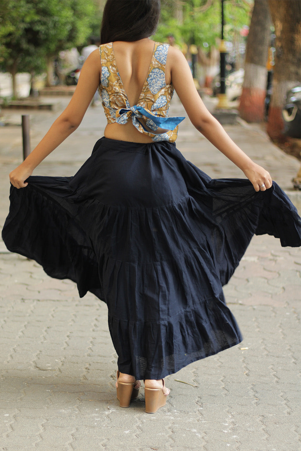 Ghumar | Mul Tiered Long Skirt | Ink Blue