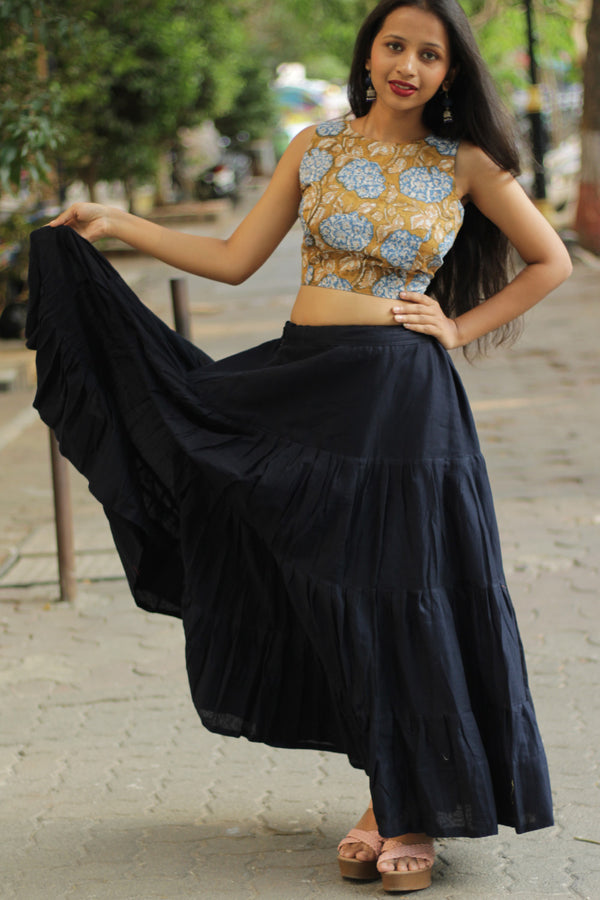Ghumar| Mul Tiered Long Skirt | Ink Blue