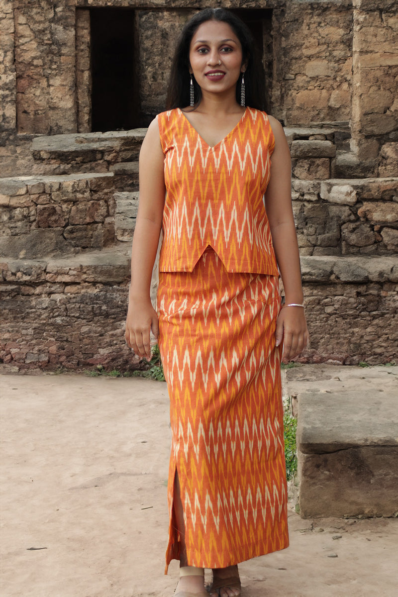 Parthavi |Long Straight Skirt | Orange Ikkat