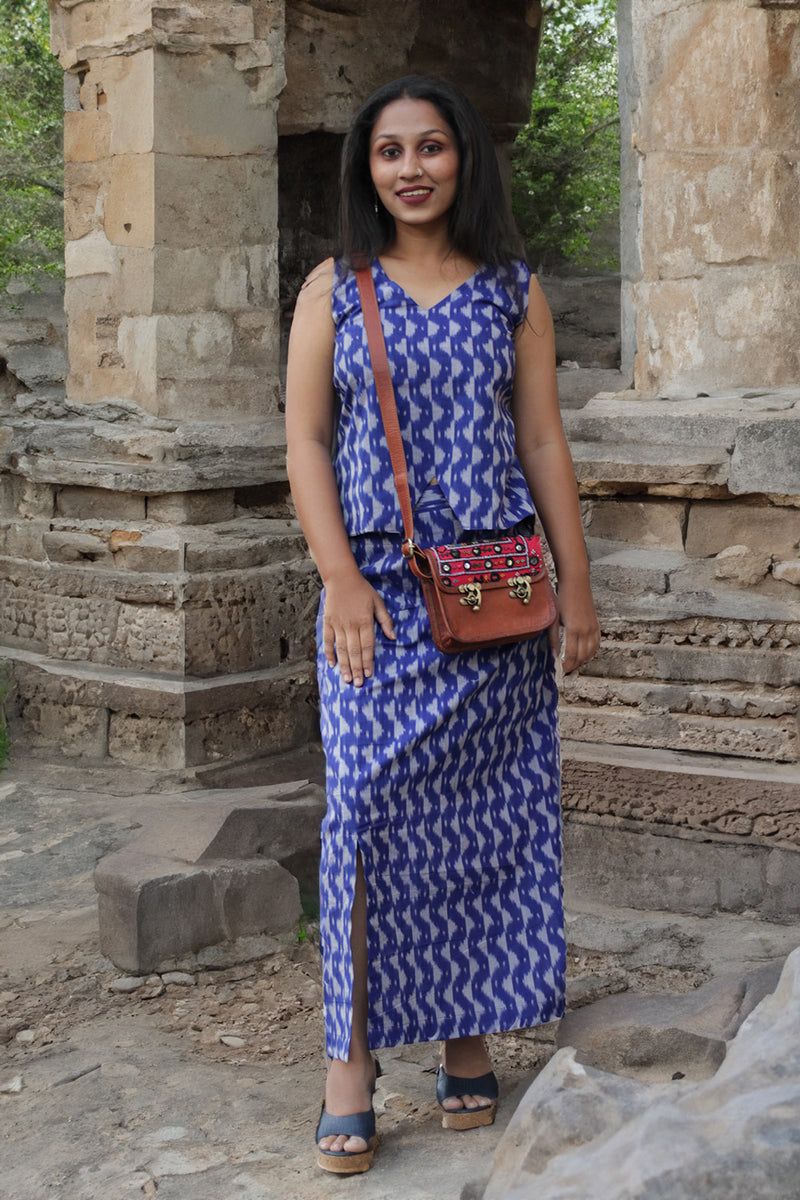 Parthavi | Long Straight Skirt | Ultramarine Ikkat