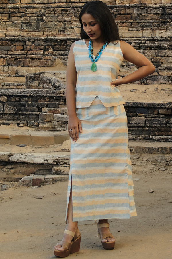 Parthavi | Long Straight Skirt | Orange & Blue Striped Ikkat