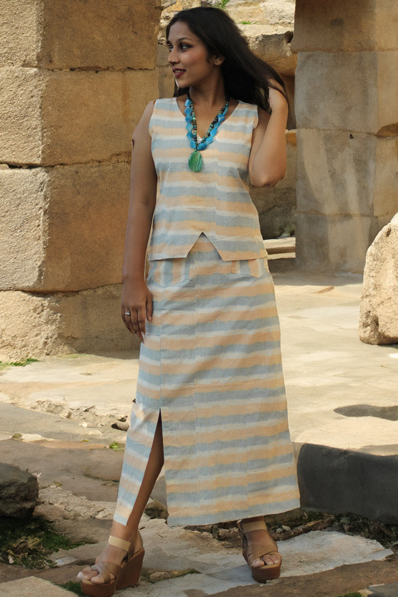 Parthavi | Long Straight Skirt | Orange & Blue Striped Ikkat
