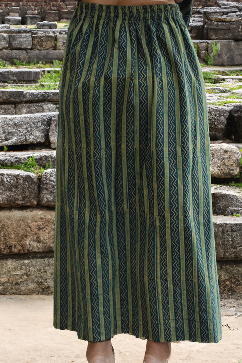 Parthavi | Long Straight Skirt | Green Dotted Chevron Ajrakh