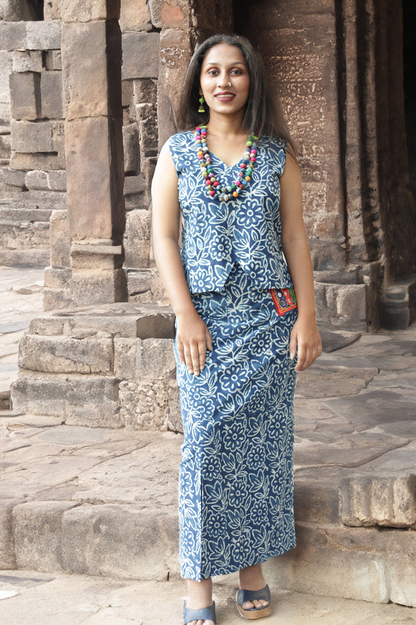 Parthavi | Long Straight Skirt | Indigo Floral
