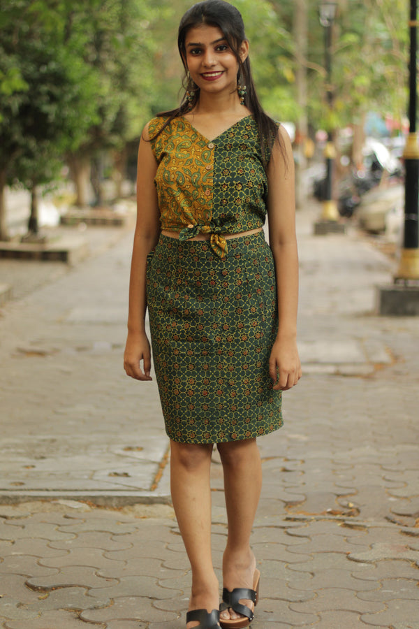 Shaili | Short Skirt | Green Trellis Ajrakh