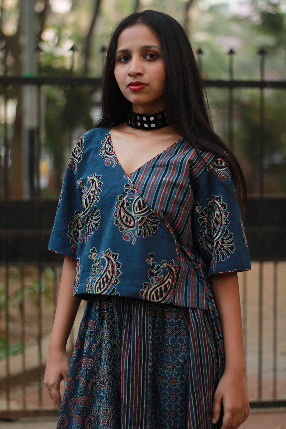 Aabroo | Angarkha Blouse / Crop Top | Navy Stripes Ajrakh