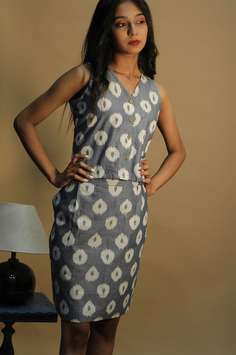 Shaili | Short Skirt | Grey-Blue Ikkat