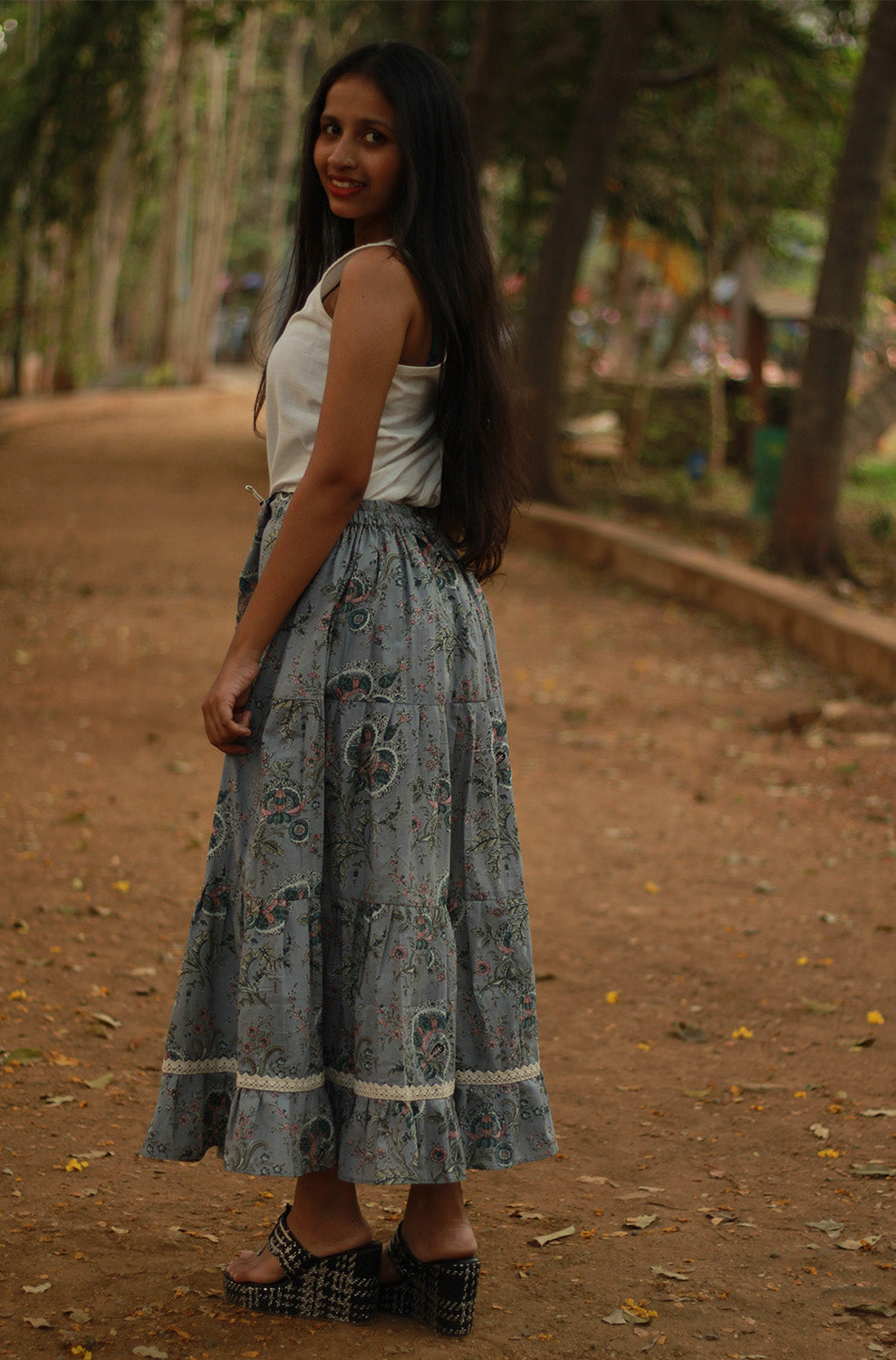 Nazakat | Tiered Midi Skirt | Grey Sanganeri