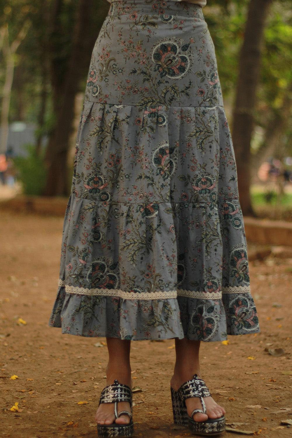 Nazakat | Tiered Midi Skirt | Grey Sanganeri