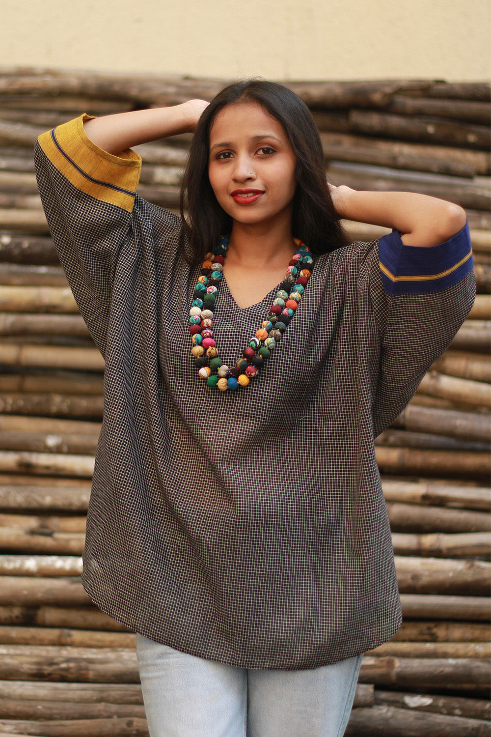 Taral | Anti Fit Cotton Top | Patteda Anchu | Noir with Blue & Yellow