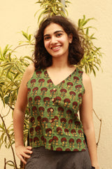 Front Buttoned Vest | Green Bagru