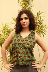 Front Buttoned Vest | Green Bagru