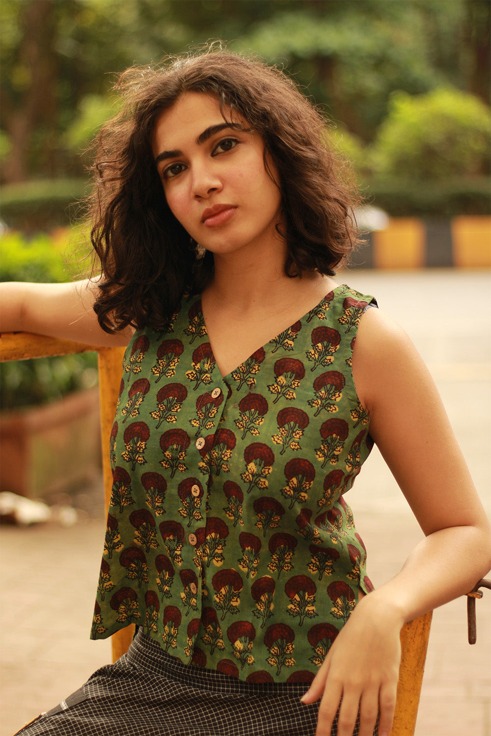 Front Buttoned Vest | Green Bagru