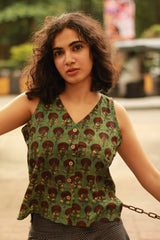 Front Buttoned Vest | Green Bagru