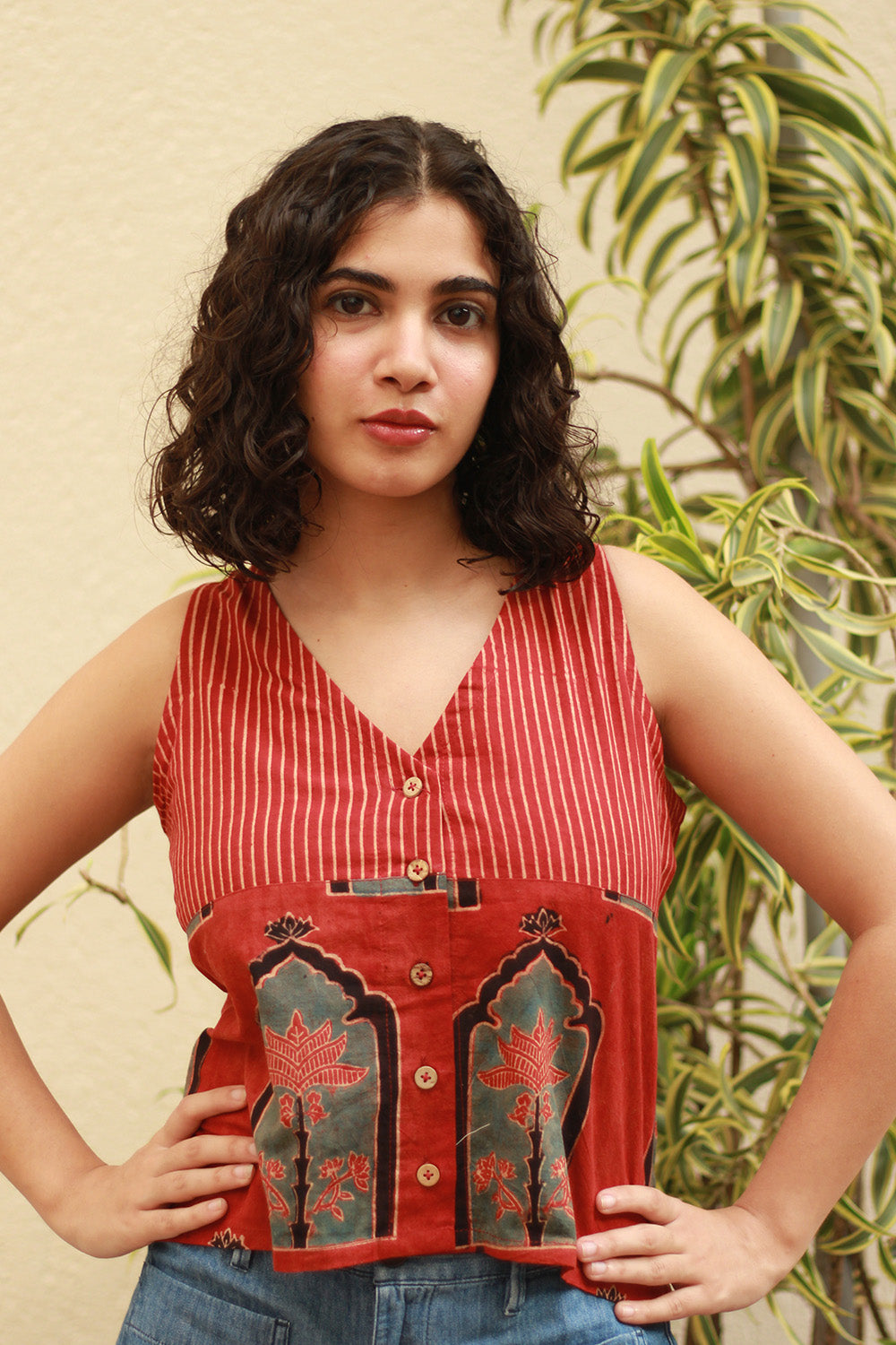 Dhaariyan | Front Buttoned Vest | Madder Stripes & Jharoka Ajrakh