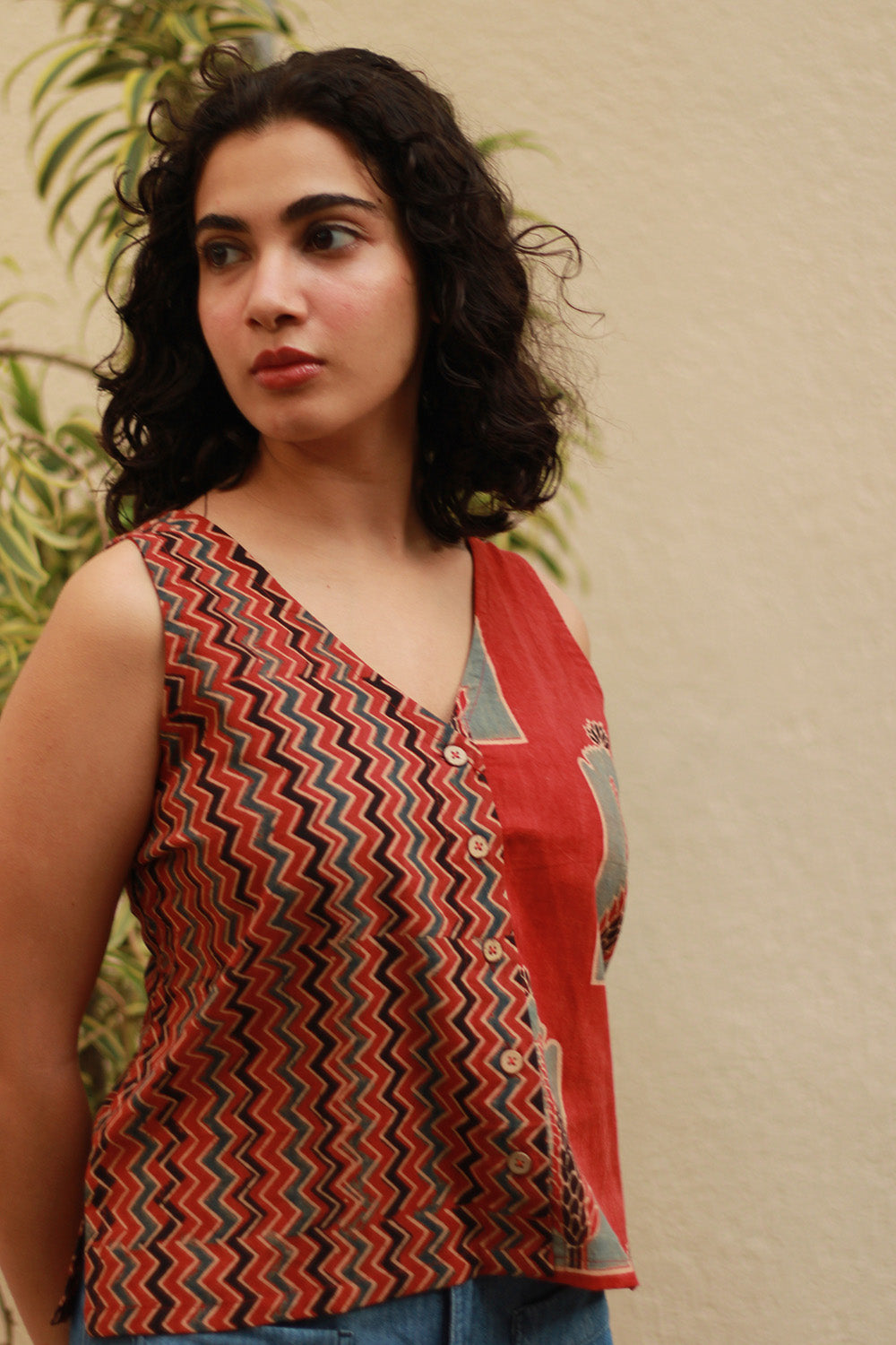 Dhaariyan | Front Buttoned Vest | Madder Chevron Ajrakh