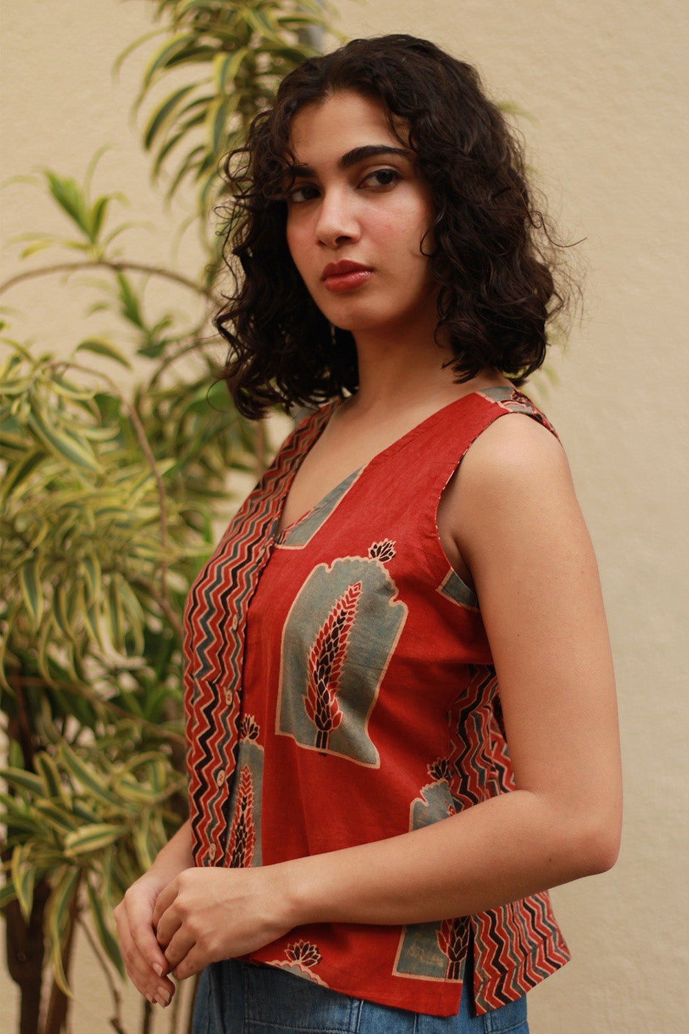 Dhaariyan | Front Buttoned Vest | Madder Chevron Ajrakh