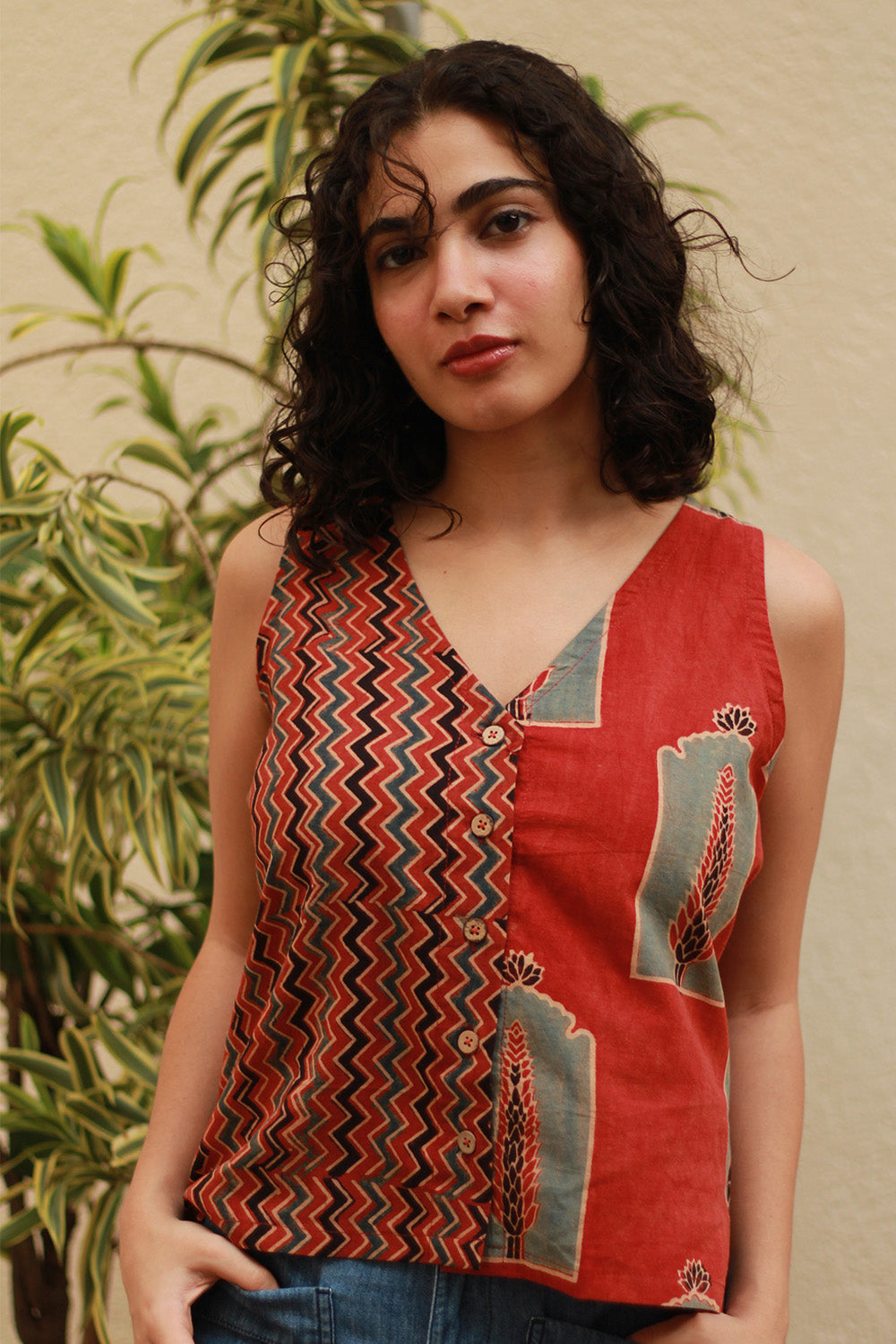 Dhaariyan | Front Buttoned Vest | Madder Chevron Ajrakh