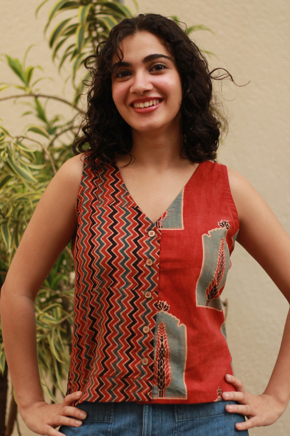 Dhaariyan | Front Buttoned Vest | Madder Chevron Ajrakh