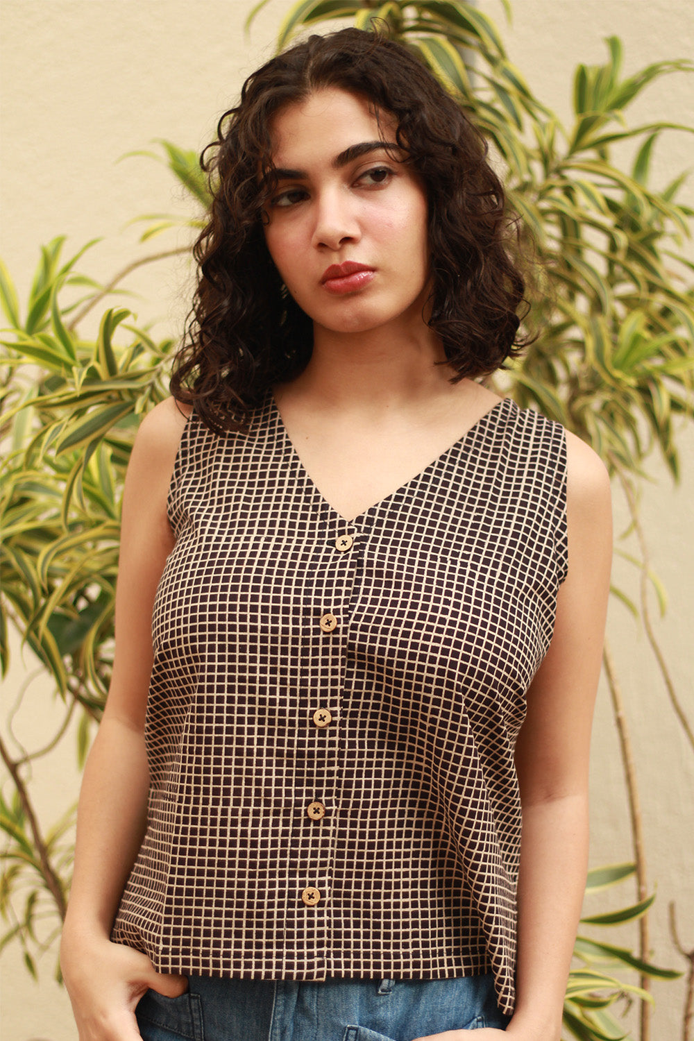 Dhaariyan | Front Buttoned Vest | Noir Checks Ajrakh