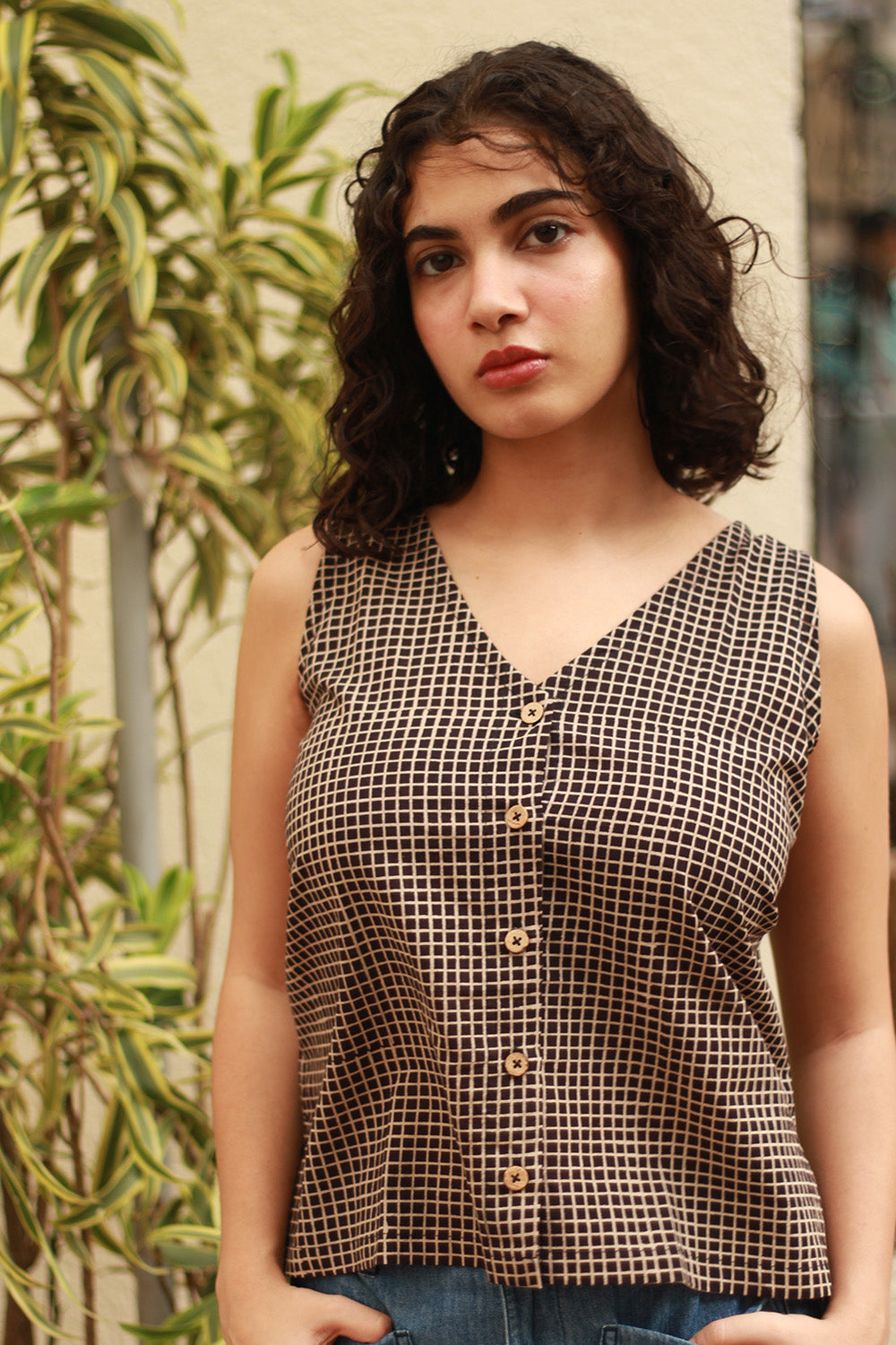 Dhaariyan | Front Buttoned Vest | Noir Checks Ajrakh