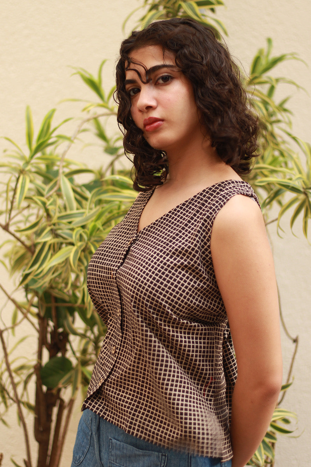 Dhaariyan | Front Buttoned Vest | Noir Checks Ajrakh