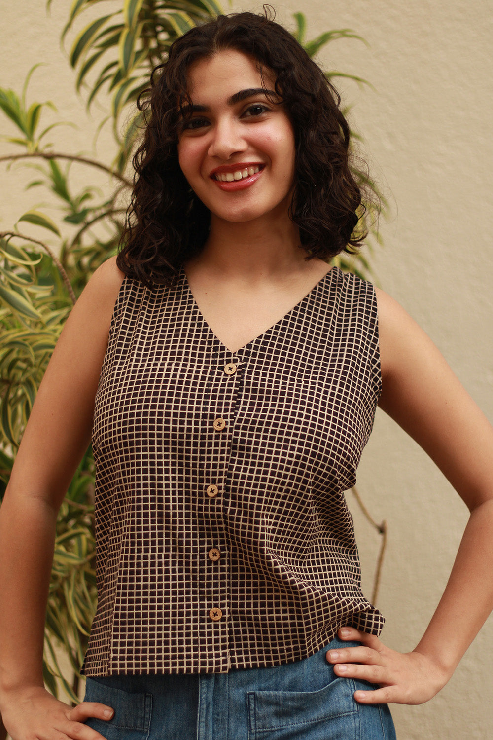 Dhaariyan | Front Buttoned Vest | Noir Checks Ajrakh
