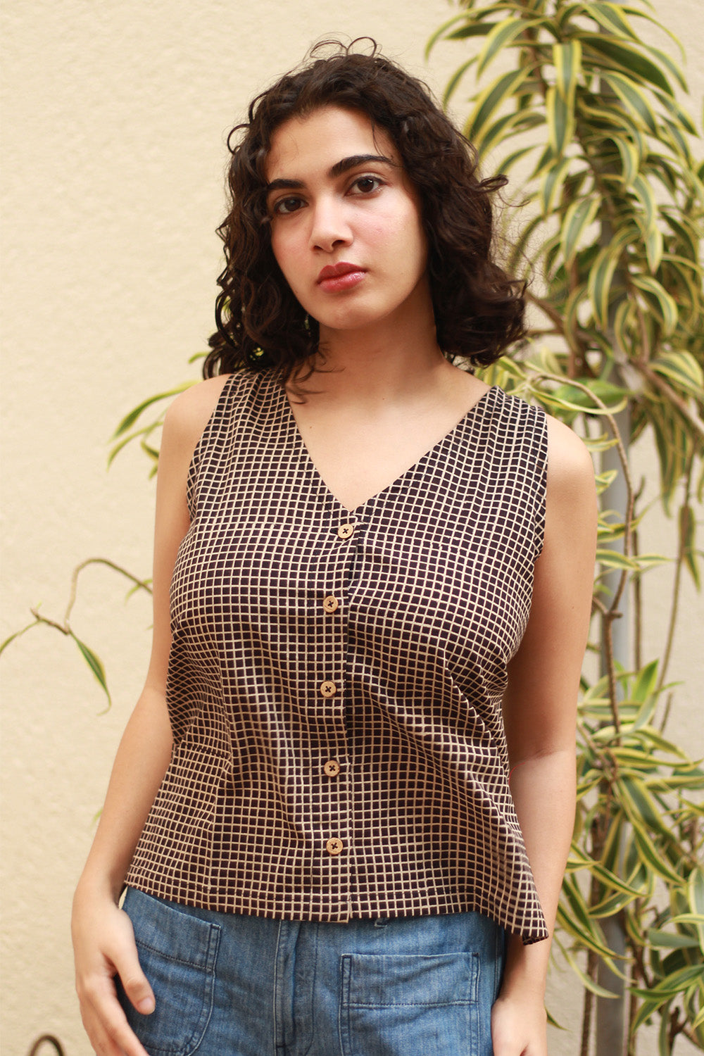 Dhaariyan | Front Buttoned Vest | Noir Checks Ajrakh