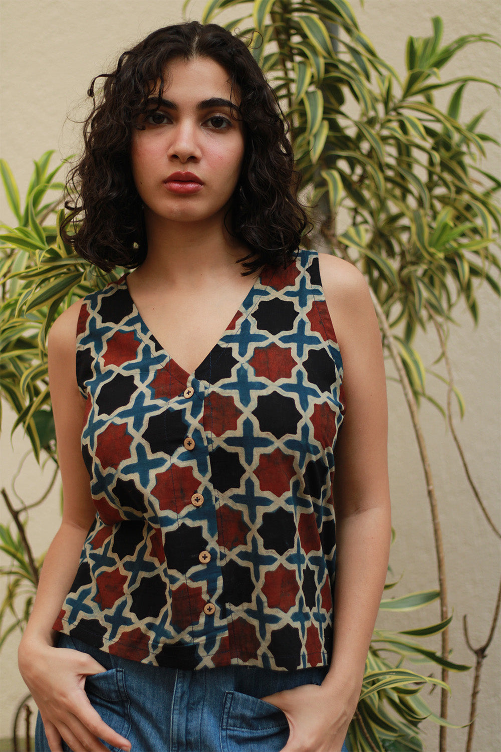 Front Buttoned Vest | Rust Shatkon Ajrakh