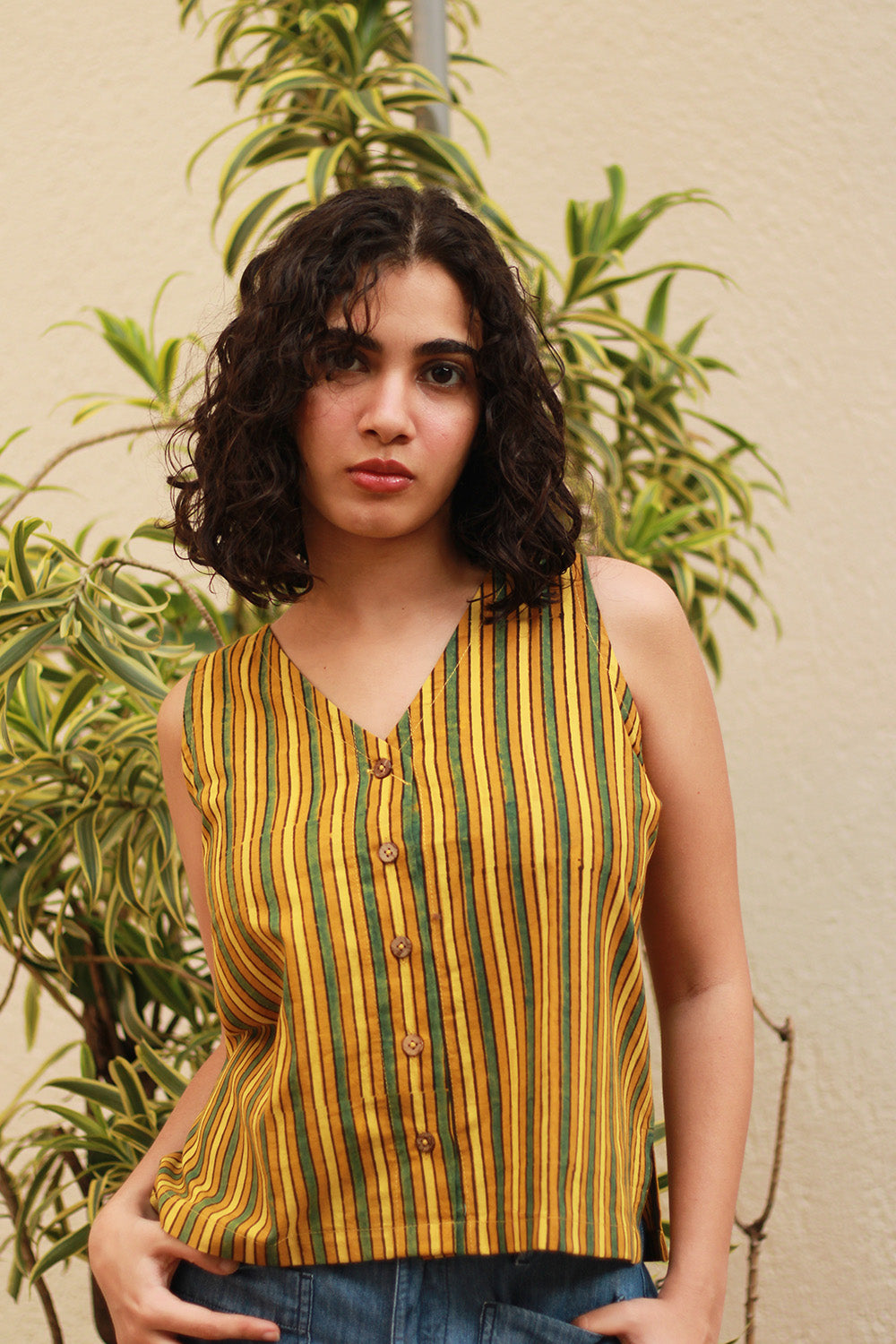 Front Buttoned Vest | Yellow Stripes