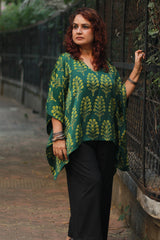 Taarini | Modal Silk Kaftan Top | Green Booti Ajrakh