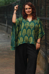 Taarini | Modal Silk Kaftan Top | Green Booti Ajrakh